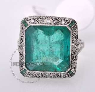 Estate Platinum Diamond Columbian Emerald Square Ring  