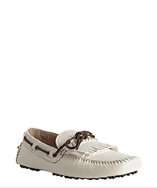 style #309129501 ivory leather fringed boat stitch loafers