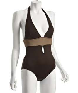 Kathleen Cook fondant and bronze Amalfi halter one piece   