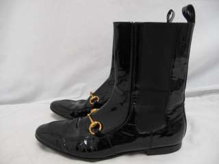Gucci Black Patent Leather Elastic Side Flat Boots W/Gold Hardware 8.5 
