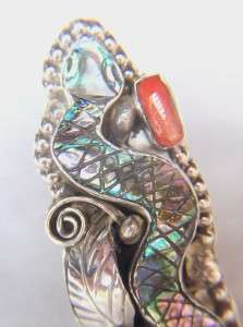GORGEOUS~STERLING SILVER~ABALONE INLAY~CORAL~SNAKE~RING~BY FRANCISCO 