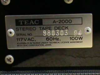 FOR YOUR CONSIDERATIONS AND BIDS Vintage TEAC A 2000 Stereo Tape 