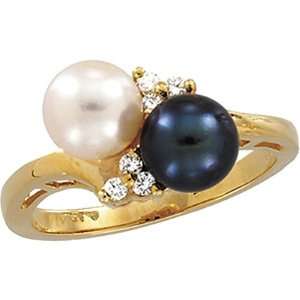 14K Yellow Gold Akoya Cultured Black and White Pearl and Diamond Ring 