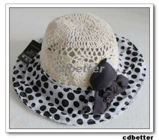 Womens Polka Dots Crochet Top Wide Brim Bucket Hat Caps  