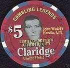 Casino $5. dollar Chip. Gunfighter John Wesley Hardin