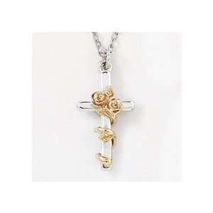  Two Tone Rose Cross Sterling Silver Pendant Jewelry