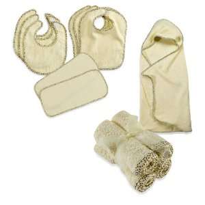   HOODED TOWEL, WASH CLOTH AND BIBS AND BURP CLOTH SET IN YELLOW Baby
