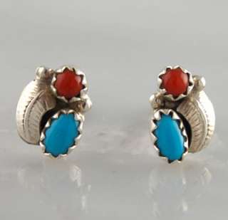 Turquoise & Coral Leaf Post Earrings Navajo Sterling Silver .925 