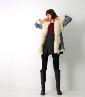 Womens rare long fur 100% shearling mustang leather coat candy mint 