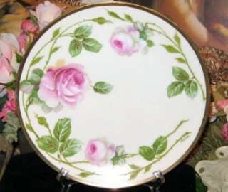 RS PRUSSIA SUHL HAND PAINTED PINK ROSES PLATE Signed  