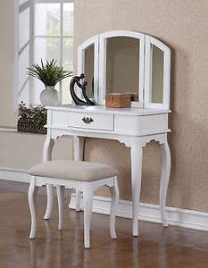   Wood Makeup & Jewelry Vanity Set Table & Bench Tri Fold Mirror New