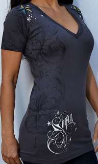 Sinful by Affliction GERANIUM Womens V Neck T Shirt   S2105 NEW 