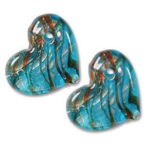  Murano Style Glass Gold Foil Turquoise and Orange Hearts 