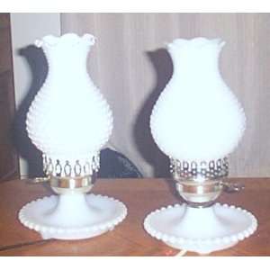  Vintage Pair of Two White Milk Glass Hobnail Lamps W/hurricane Lamp 