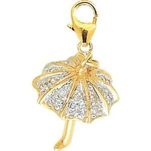  14K Gold 1/10ct HIJ Diamond Umbrella Spring Ring Charm 