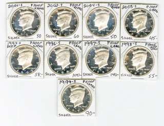 US Coins Kennedy Silver 50c Proof Cameos Lot of 9  