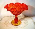 FENTON Glass Ruby Red Amberina Thumbprint Ruffled Compote Candy Dish