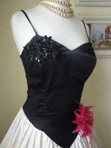 Vintage 80s 50s Party Dress Prom Wedding Holiday Black Satin Sequin 