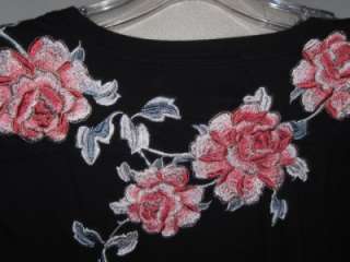   JOHNNY WAS BLACK EMBROIDERED ROSES SCOOP NECK TUNIC TOP SZ XL  