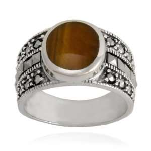  Sterling Silver Marcasite and Tiger Eye Inlay Ring, Size 9 