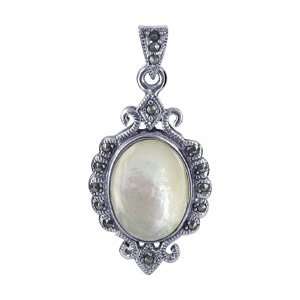   Oval Mother of Pearl Marcasite 38mm x 19mm Pendant Charm Jewelry