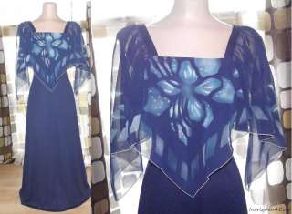 Vintage 70s BLUE Sheer Flutter Cape Butterfly WING Maxi Dress BOHO 