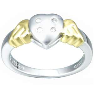   Two Tone Sterling Silver Diamond Accent Winged Heart Ring, Size 4