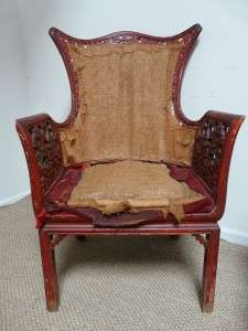 PAIR AMAZING RED CHINOISERIE WING CHAIRS Hand Carved Gilt HOLLYWOOD 