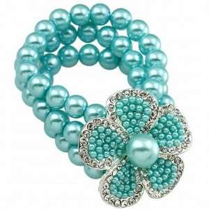  Turquoise Blue Faux Pearl and Rhinestone Elastic Bracelet 