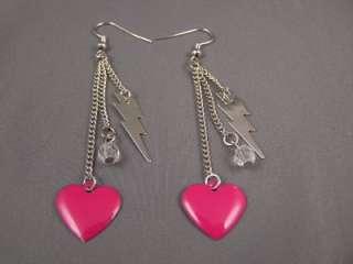 Silver Lightning Bolt heart multi chain dangle earrings  