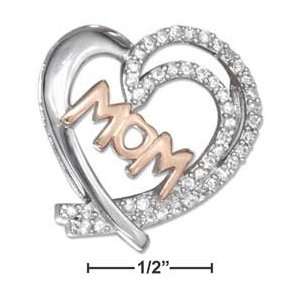   SILVER OPEN HEART SLIDE PENDANT WITH ROSE GOLD PLATED MOM AND CZS