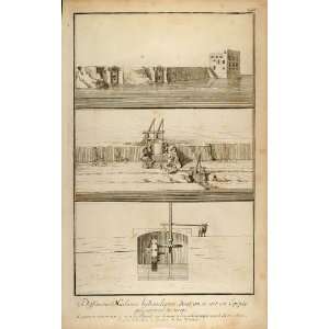  1757 Engraving Egyptian Hydraulic Machines Water Dam 