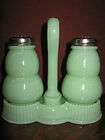 jadeite glass salt and pepper shakers set with holder castor