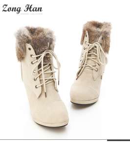 Stylish Faux Fur Ankle Lace Up Mid Heel Boots in Ivory & Brown  