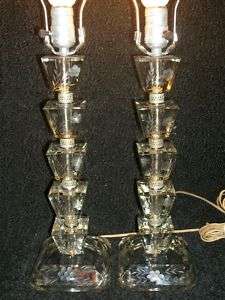 RARE Vintage Etched Cube Crystal Glass Table Lamp Pair  