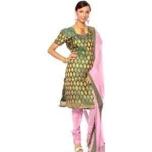 Green and Pink Brocaded Choodidaar Suit from Banaras with Large Woven 