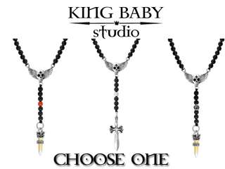 KING Baby Studio Onyx Winged SKULL Rosary Necklace  
