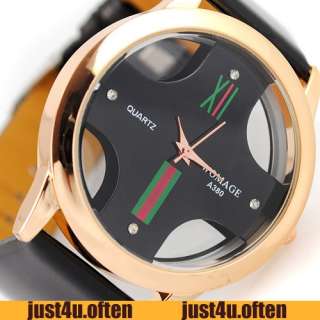   Transparant Big Design Black Leather Mens Quartz Wrist Watch Gift NEW