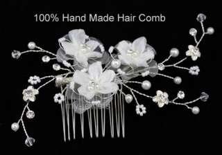 Bridal White Flower Satin Handmade Hair Comb T1335  