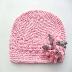 Bow Clippeez 2 Envy Crocheted Pink Hat with Pink and Grey Korker Bow 