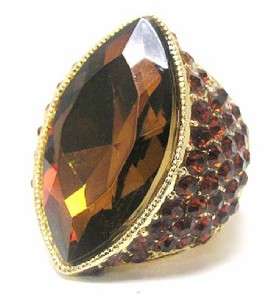 GOLD BROWN RHINESTONE CRYSTAL Chunky Cocktail STRETCH RING  