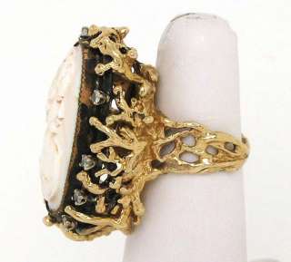 ROBUST 14K GOLD DIAMONDS CARVED CAMEO TOP VINTAGE RING  