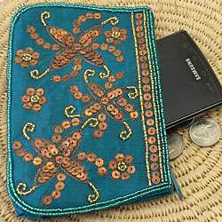 Cotton Teal Sequin accented Coin Purse (India)  