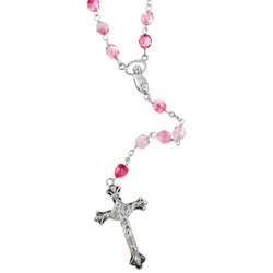   Sterling Silver Rose Pink Crystal Rosary Necklace  