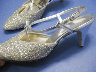 vtg 60s Silver Glitter Sparkly Strappy Evening Sandals  