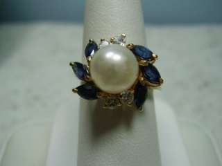Nice 14K Yellow Gold Pearl, Sapphire, and Diamond Ring  