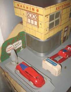 Big Antique Wood & Fboard Toy Gas Station 2 Cars 1940s Deco Style 