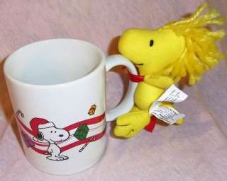 Rare Peanuts Christmas Mug w/Snoopy & Plush Woodstock  