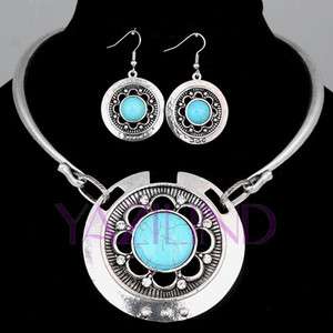   Silve Ethnic Howlite Turquoise Chunky Coin Dangle Necklace Set  