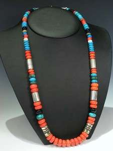 Navajo TOMMY SINGER Red Coral Turquoise 30 Necklace  
